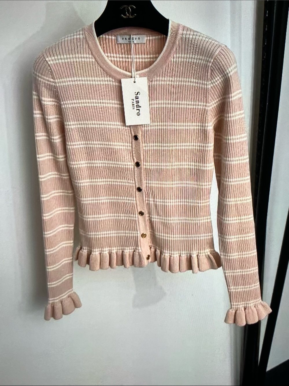 Sandro Blush Pink & White Striped Ruffle-Hem Cardigan